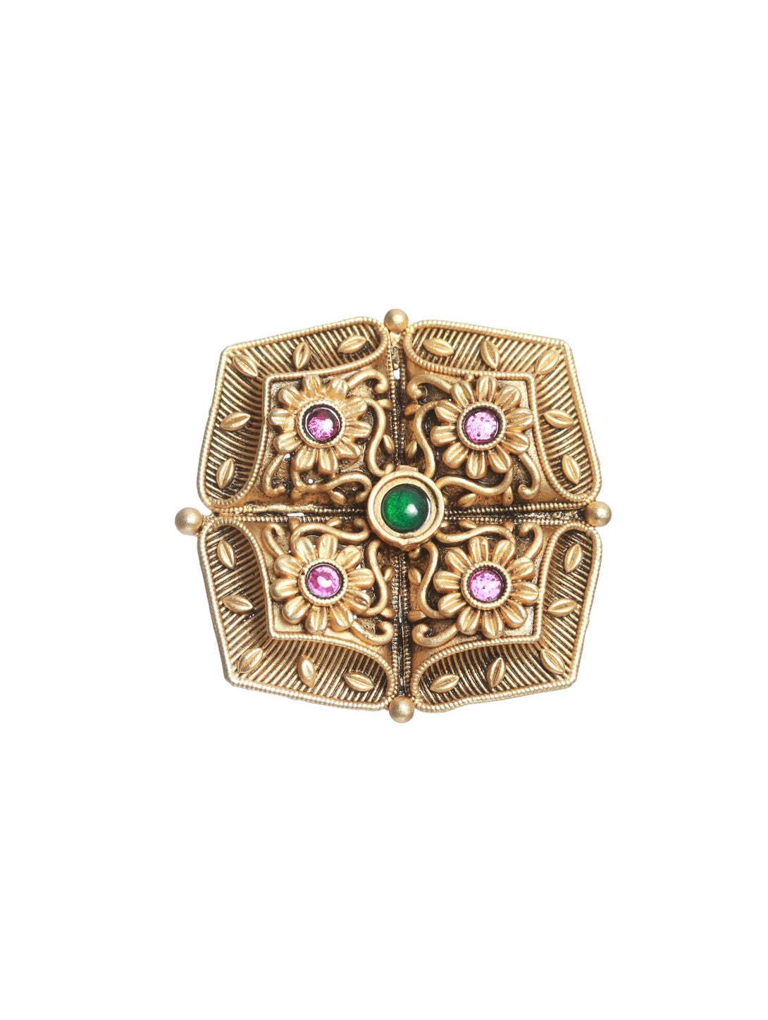 Women's Gold-Plated Marron & Green Stone-Studded Finger Ring - Jazz And Sizzle - Indiakreations