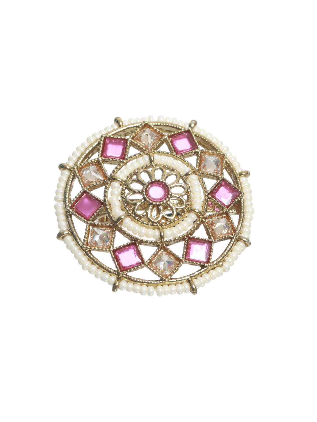 Women's Gold-Toned Pink & White Stone Studded & Beaded Finger Ring - Jazz And Sizzle - Indiakreations