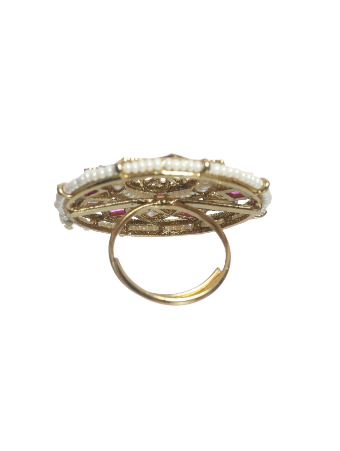 Women's Gold-Toned Pink & White Stone Studded & Beaded Finger Ring - Jazz And Sizzle - Indiakreations