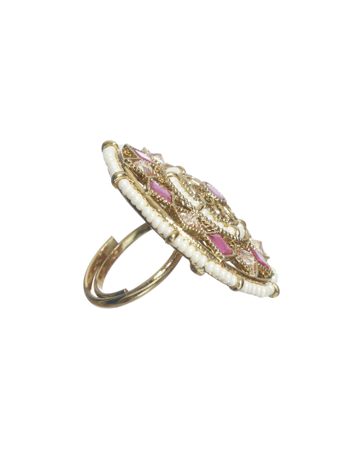 Women's Gold-Toned Pink & White Stone Studded & Beaded Finger Ring - Jazz And Sizzle - Indiakreations