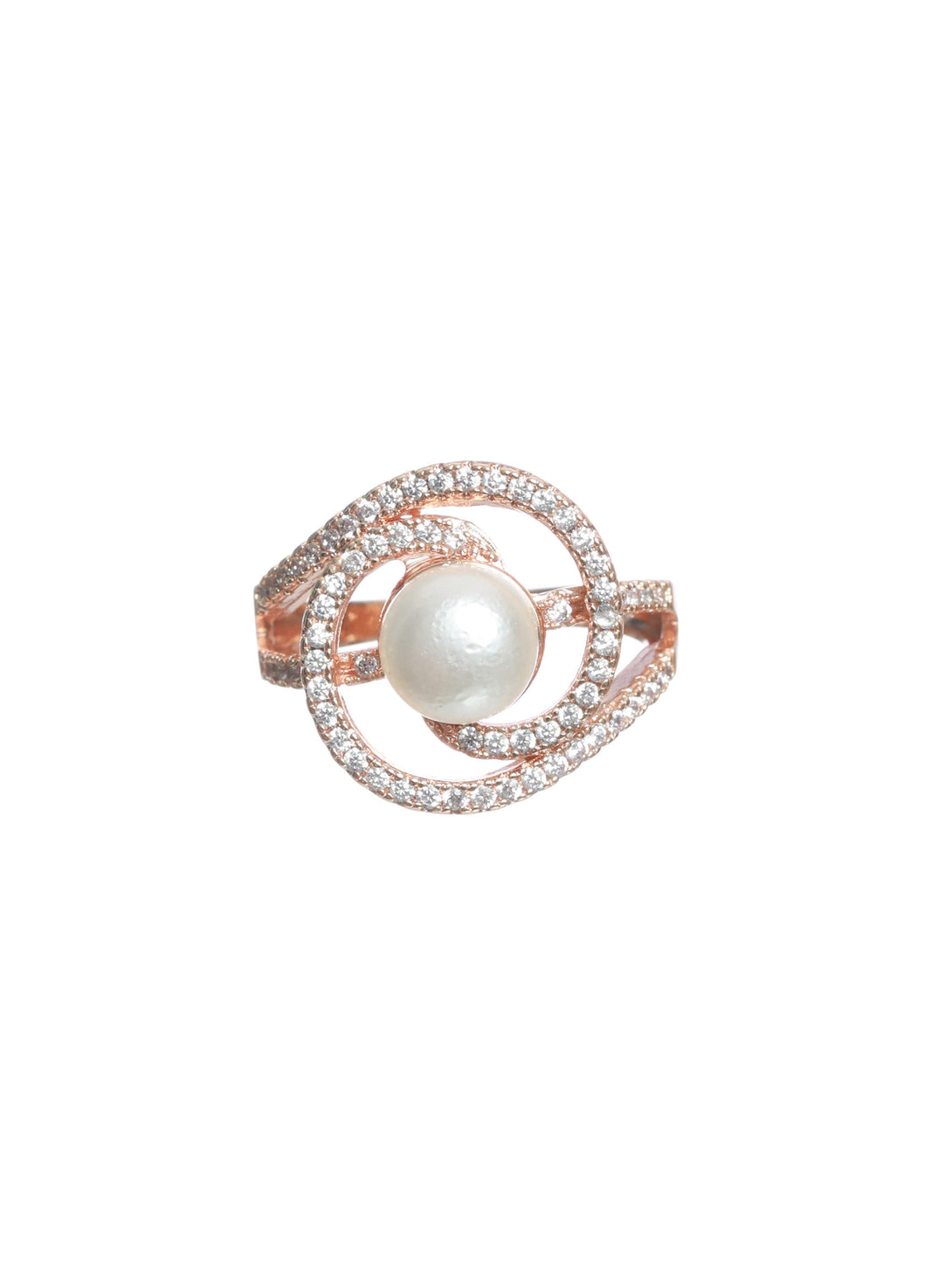 Women's Rose Gold-Plated White Cz-Studded Adjustable Pearl Ring - Jazz And Sizzle - Indiakreations