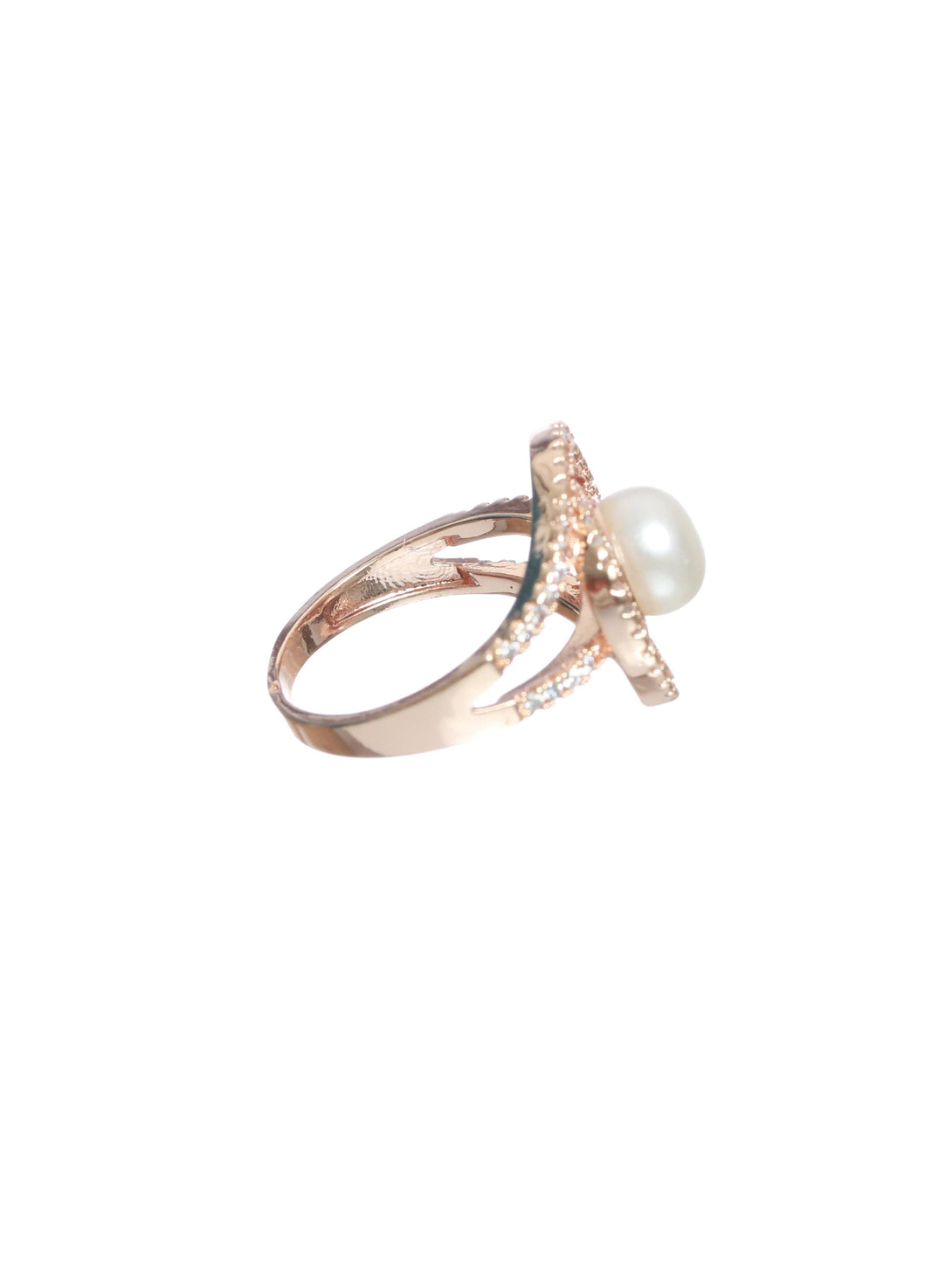 Women's Rose Gold-Plated White Cz-Studded Adjustable Pearl Ring - Jazz And Sizzle - Indiakreations