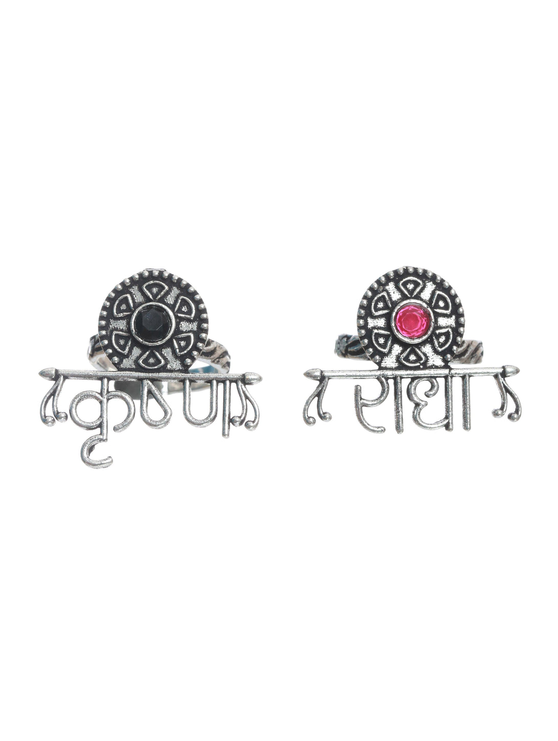 Women's Set Of 2 Oxidised Silver Plated Handcrafted,Red & Green Finger Ring - Jazz And Sizzle - Indiakreations