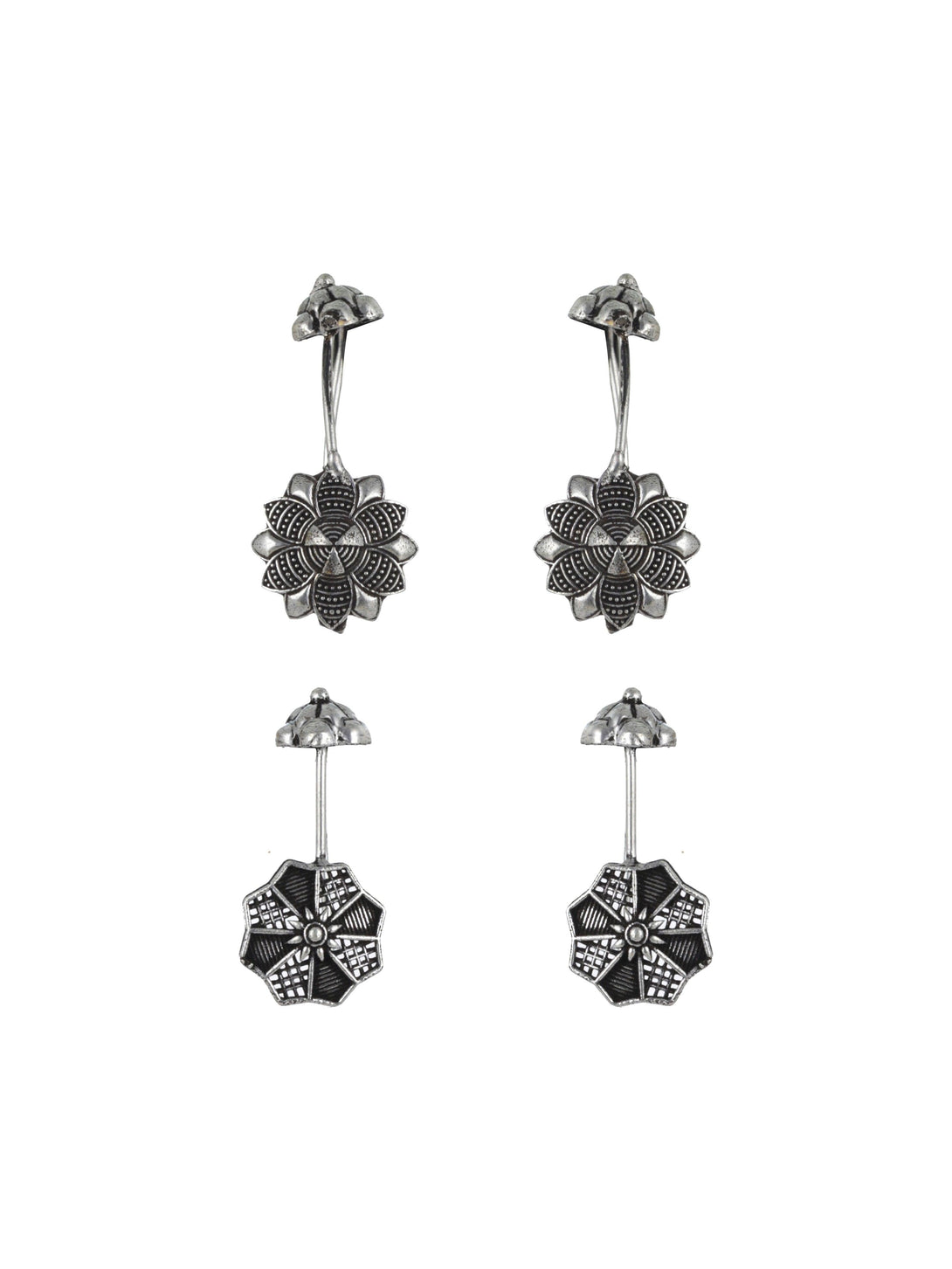 Women's Set Of 2 Silver-Toned Textured & Floral Ear Cuff Earrings - Jazz And Sizzle - Indiakreations