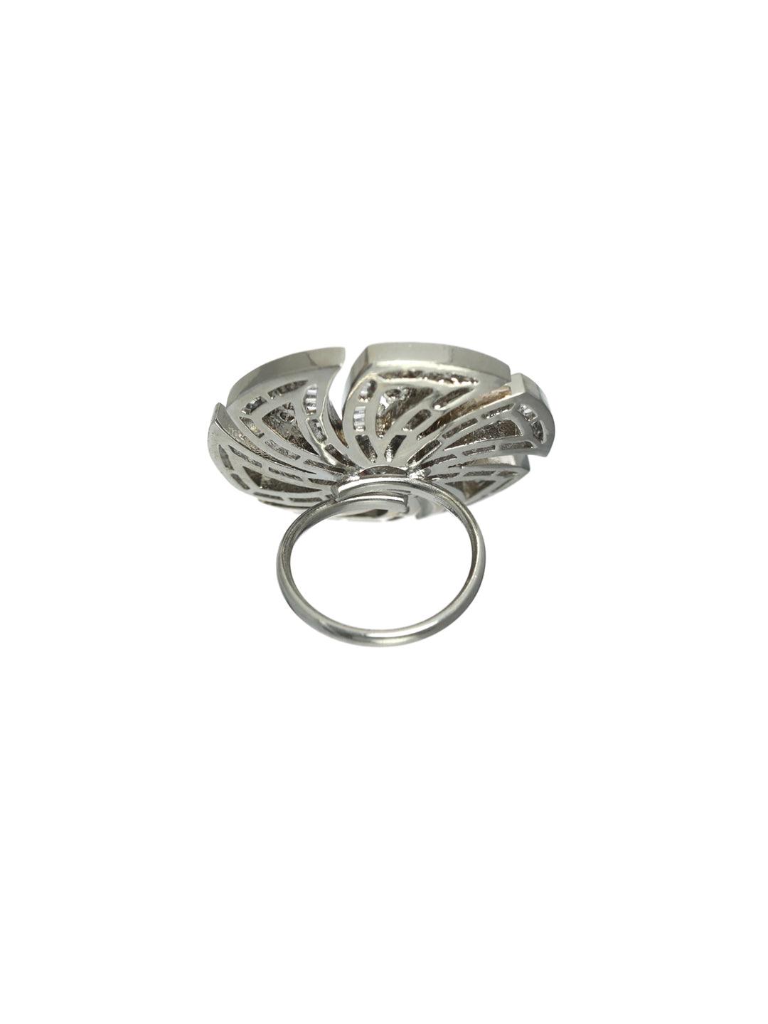 Women's White Rhodium-Plated AD Studded Floral Adjustable Finger Ring - Jazz and Sizzle - Indiakreations