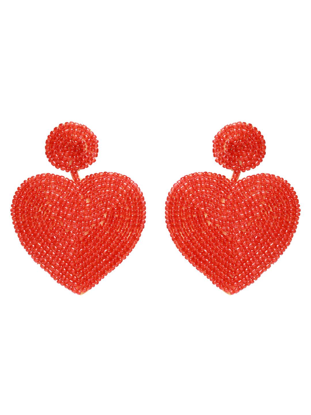 Women's Handwoven Beads & Red Heart Shaped Contemporary Design Handcrafted Drop Earrings - Jazz and Sizzle - Indiakreations