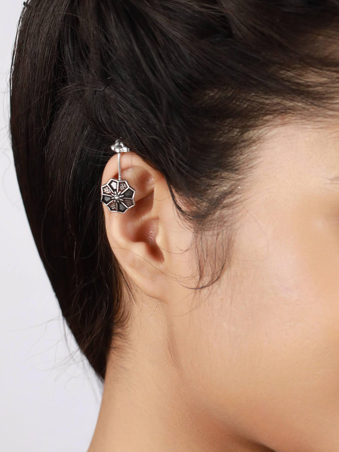 Women's Set Of 2 Silver-Toned Textured & Floral Ear Cuff Earrings - Jazz And Sizzle - Indiakreations