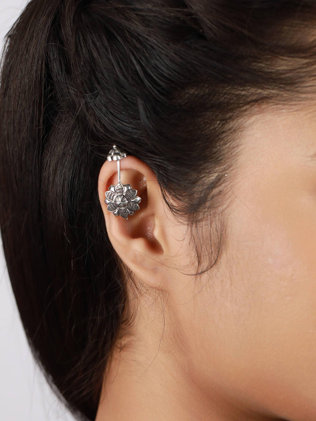 Women's Set Of 2 Silver-Toned Textured & Floral Ear Cuff Earrings - Jazz And Sizzle - Indiakreations