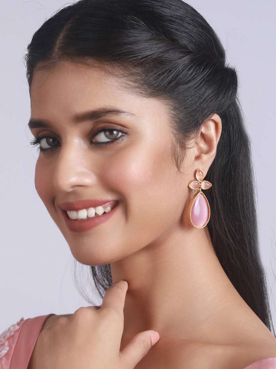 Women's Gold-Plated Pink Contemporary Stone Studded Tear Drop Earrings - Jazz And Sizzle - Indiakreations