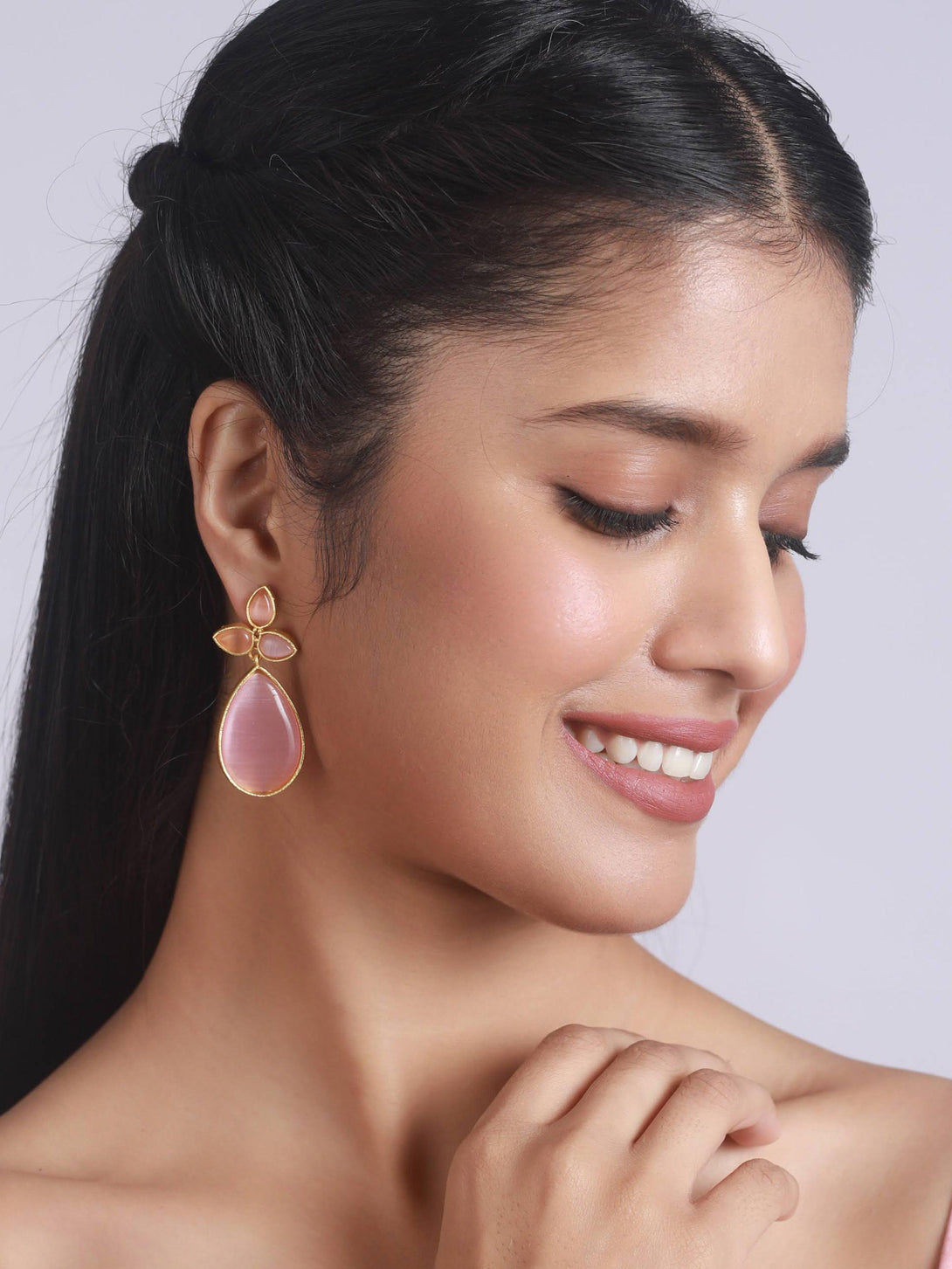 Women's Gold-Plated Pink Contemporary Stone Studded Tear Drop Earrings - Jazz And Sizzle - Indiakreations