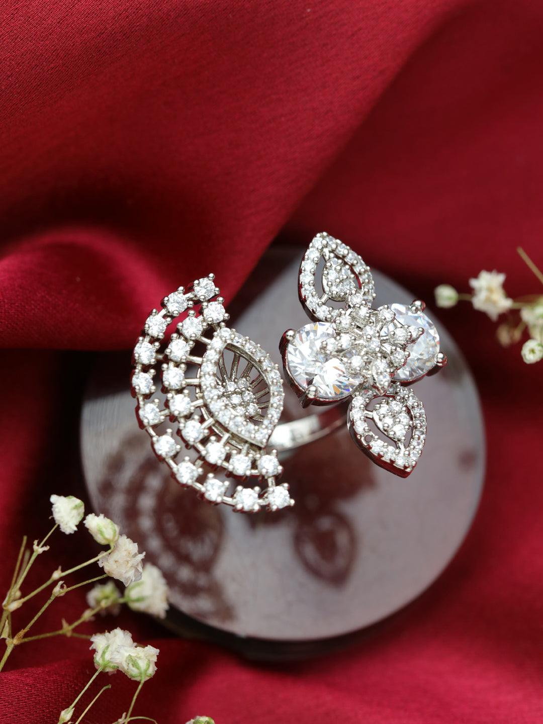 Women's Silver Plated CZ studded Floral Shaped Adjustable Ring - Jazz and Sizzle - Indiakreations