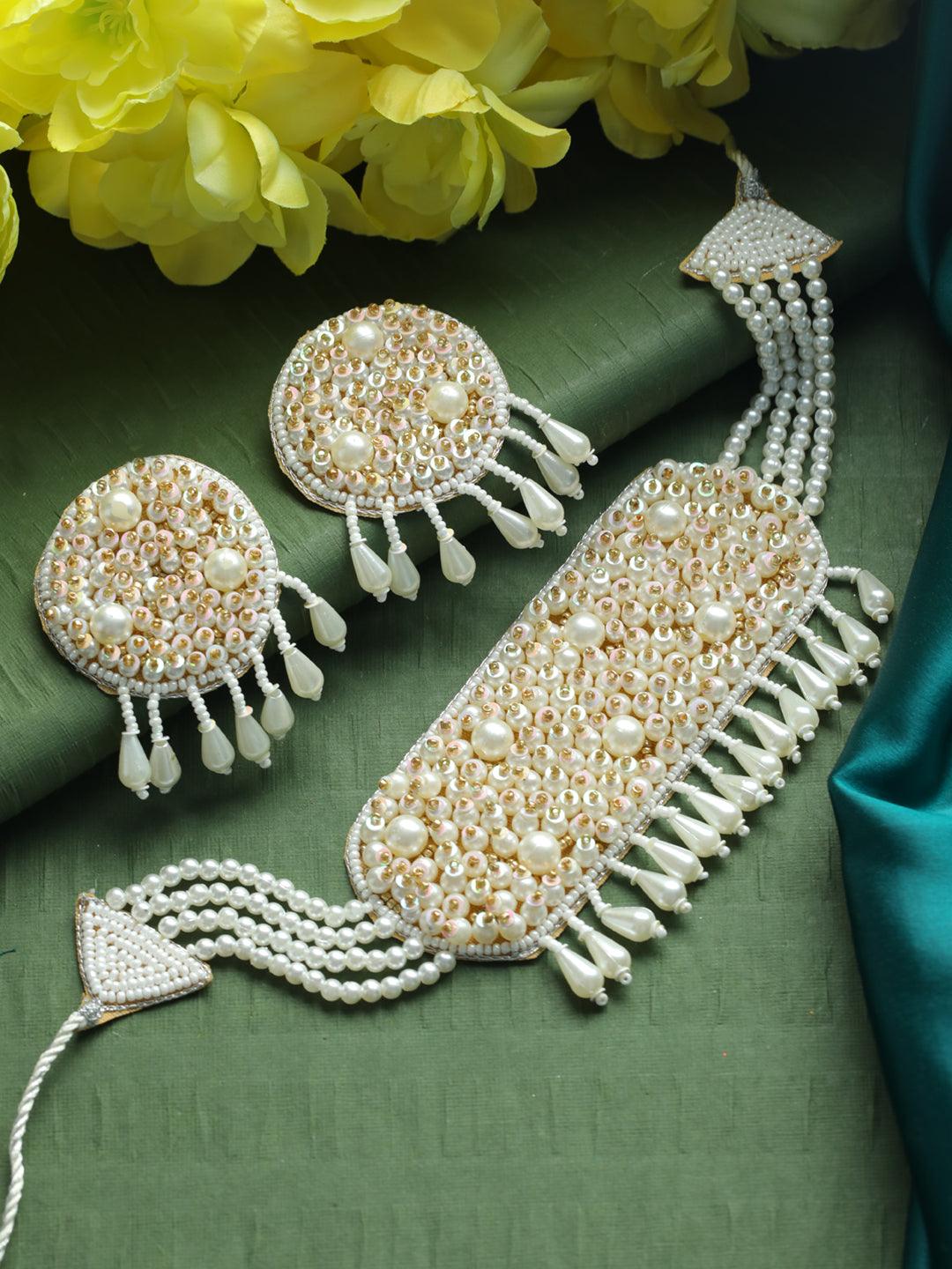 Women's White Pearls Beaded Choker Handcrafted Necklace Set - Jazz and Sizzle - Indiakreations