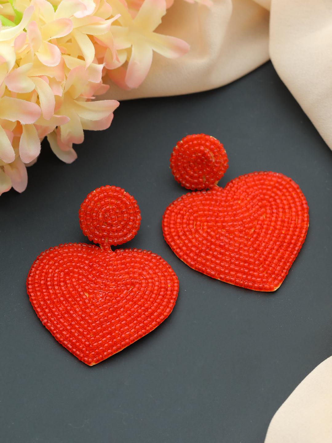 Women's Handwoven Beads & Red Heart Shaped Contemporary Design Handcrafted Drop Earrings - Jazz and Sizzle - Indiakreations