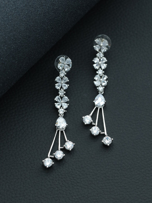 Women's White & Silver Plated Classic AD Studded Drop Earrings - Jazz and Sizzle