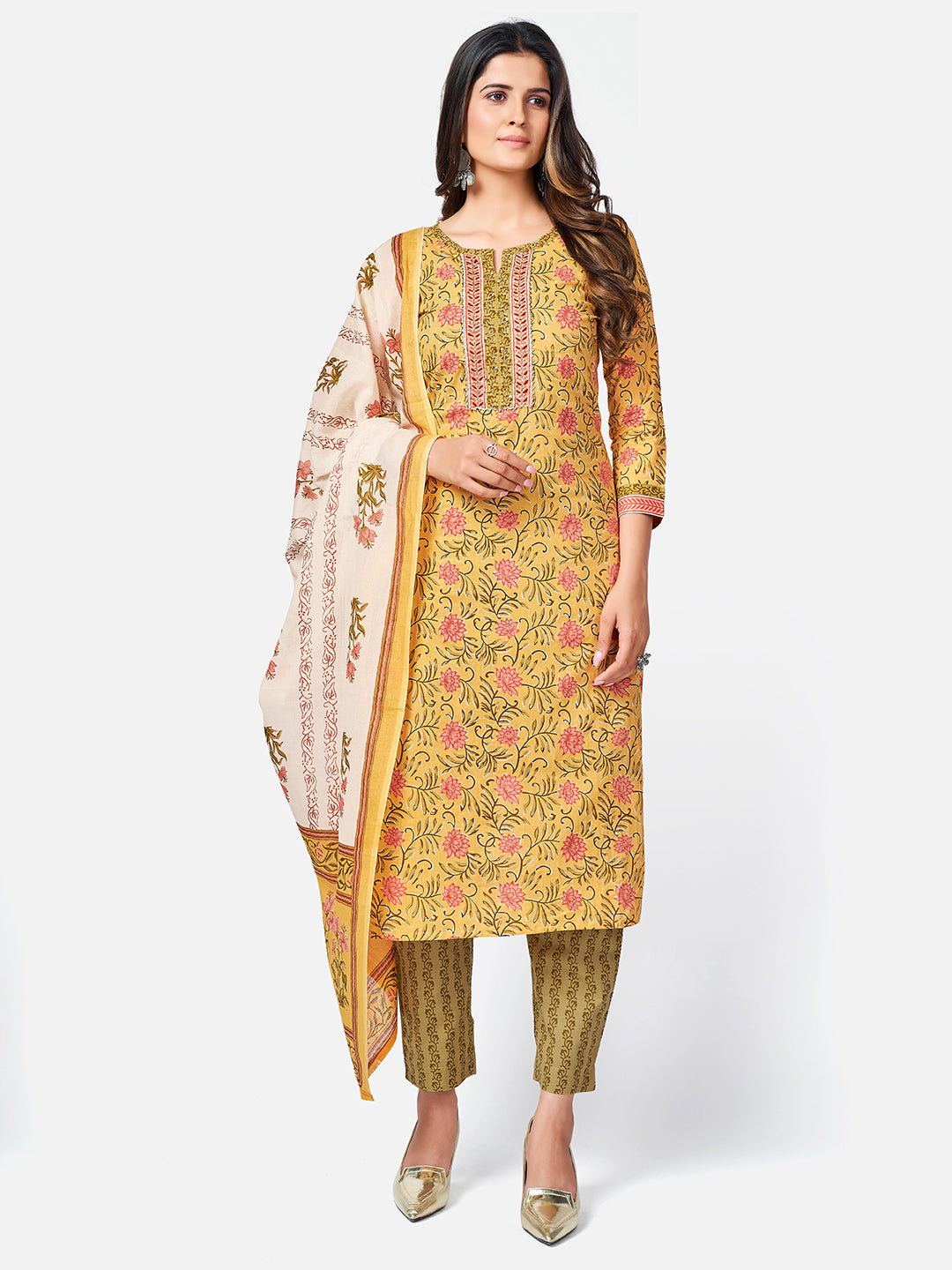 Women's Floral Print & Sequence Work Straight Cotton Yellow Kurta Pant With Dupatta - Vbuyz