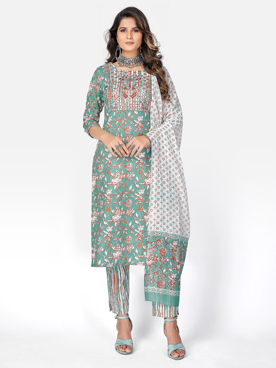 Women's Sea Green Cotton Kurta With Pant & Dupatta By Vbuyz (3Pcs Set)