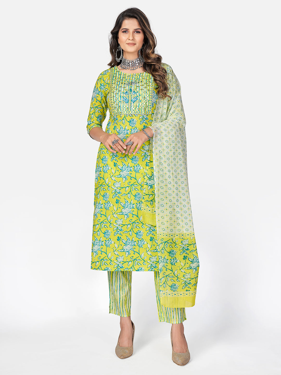 Women's Lime Green Cotton Kurta With Pant & Dupatta By Vbuyz (3Pcs Set