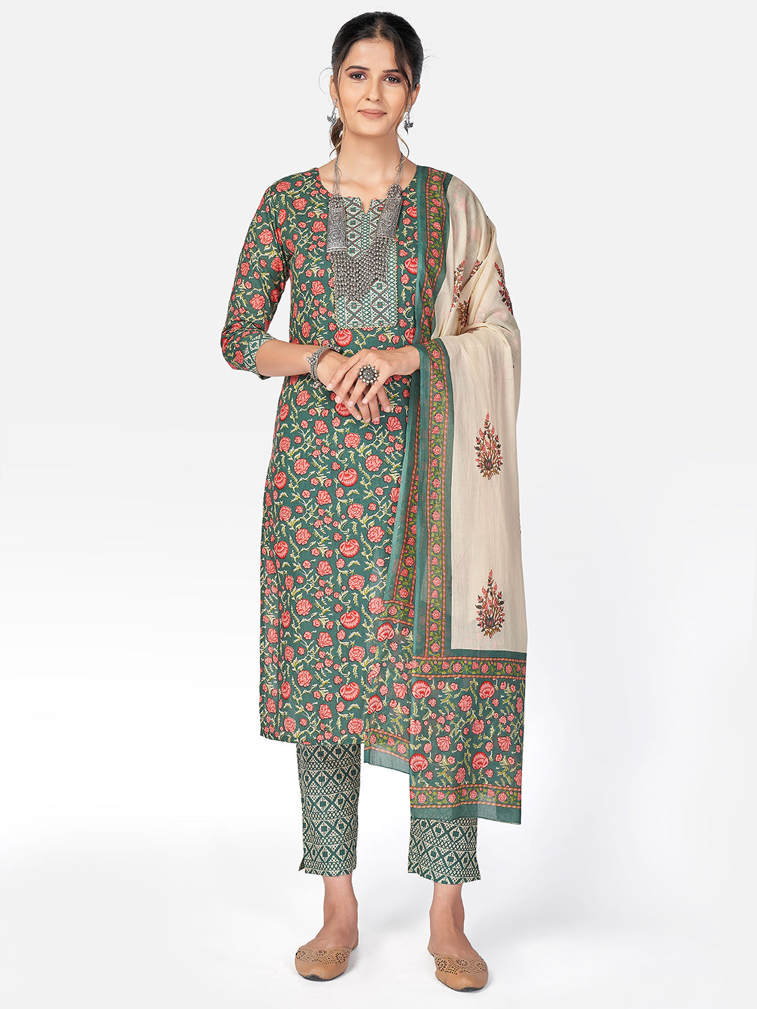 Women's Green Cotton Kurta With Pant & Dupatta By Vbuyz (3Pcs Set)