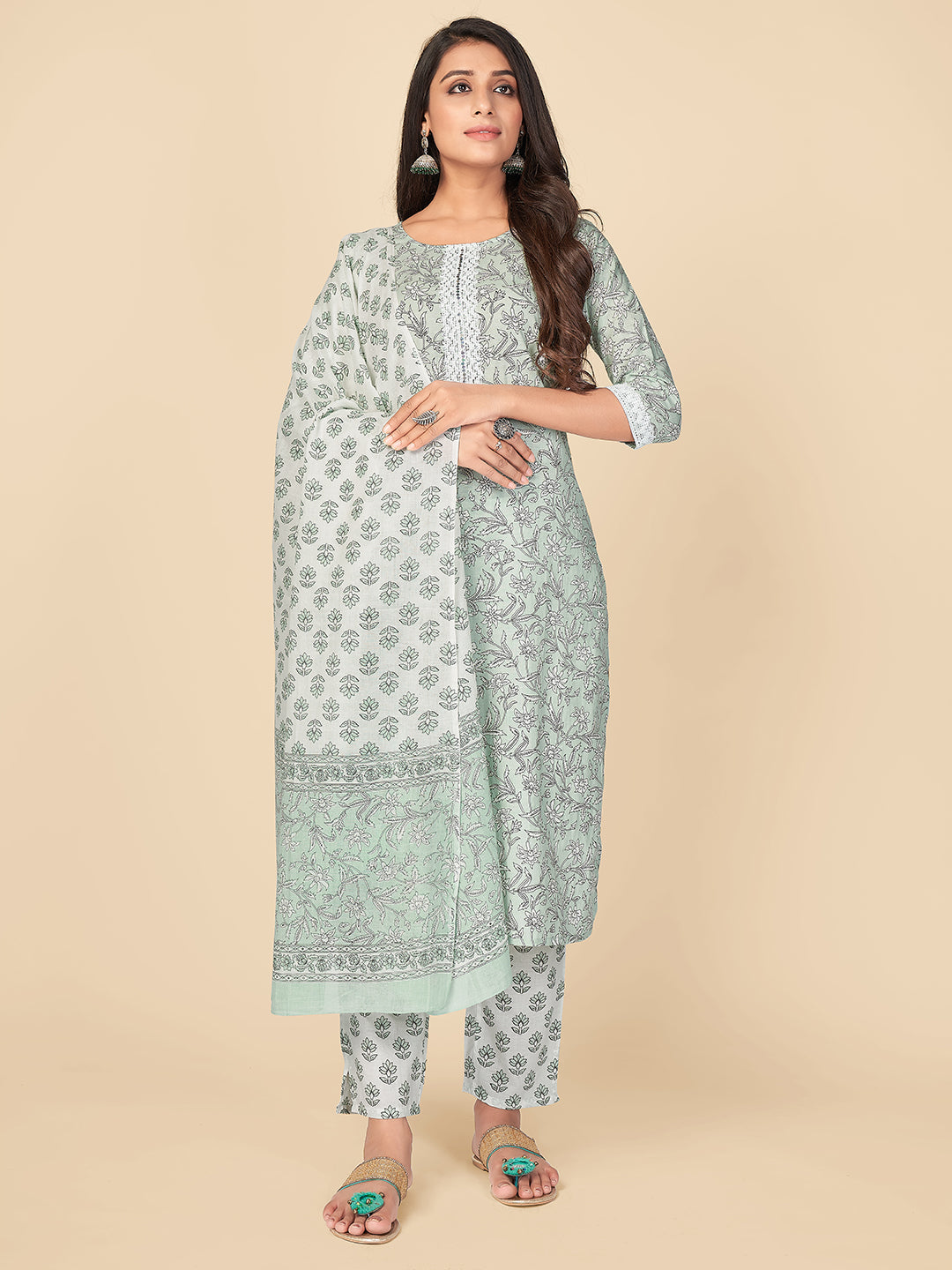 Women's Light Green Cotton Kurta With Pant & Dupatta By Vbuyz (3Pcs Set)