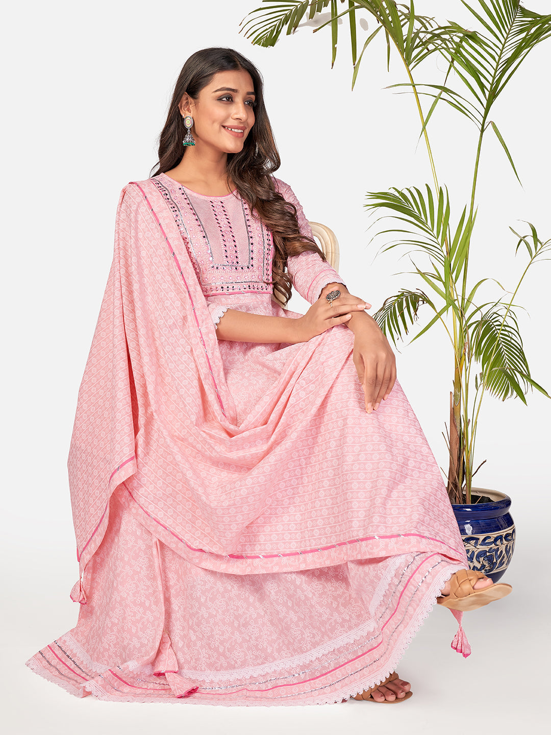 Women's Baby Pink Cotton Anarkali Kurta With Pant & Dupatta By Vbuyz (3Pcs Set)