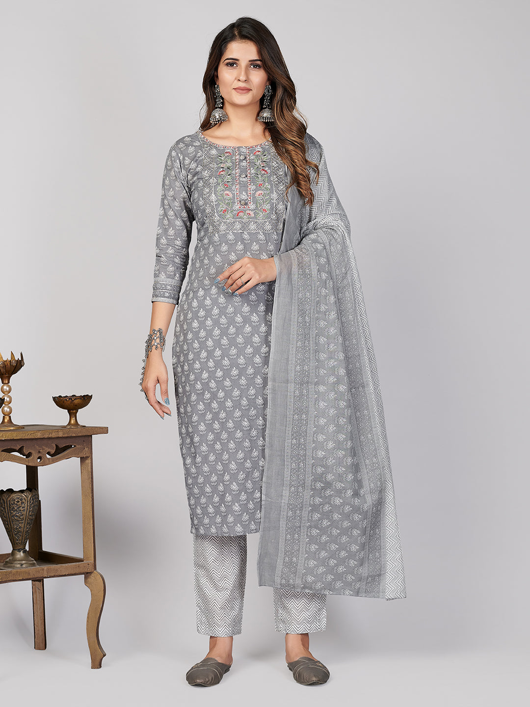 Women's Printed & Embroidered Straight Cotton Grey Stitched Kurta Pant With Dupatta - Vbuyz