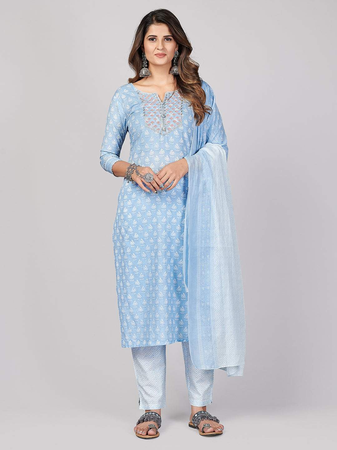 Women's Sky Blue Kurta-Pant With Dupatta Set By Vbuyz- (3Pcs Set)