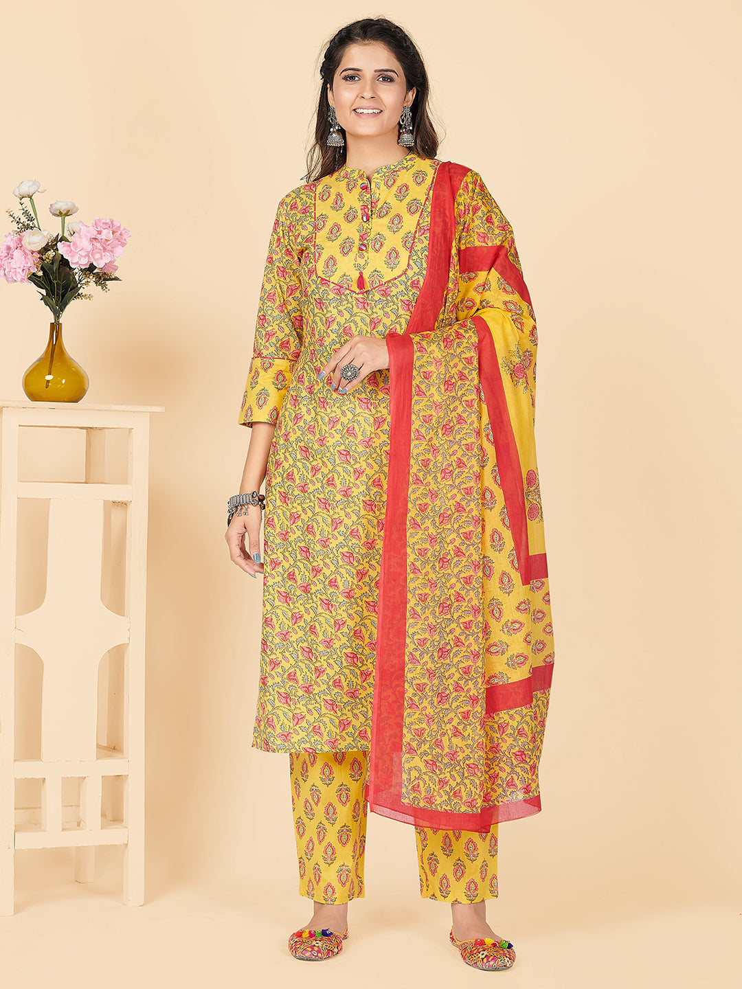 Women's Yellow Cotton Kurta & Pant With Dupatta Set By Vbuyz- (3Pcs Set)