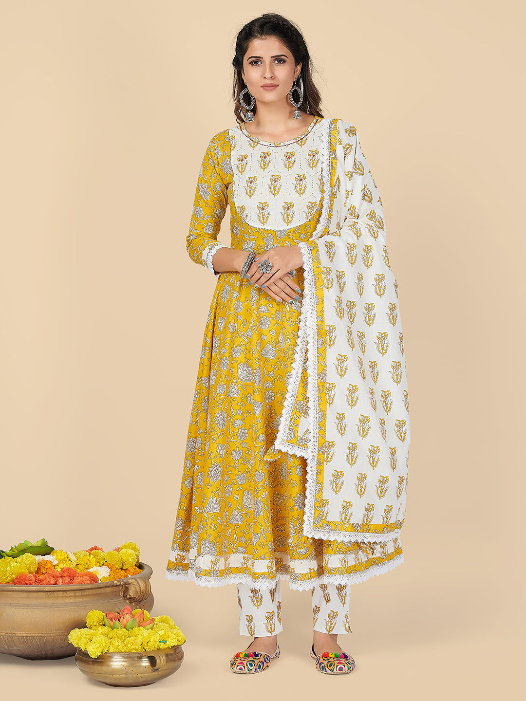 Women's Yellow Anarkali Kurta & Pant With Dupatta Set By Vbuyz- (3Pcs Set)