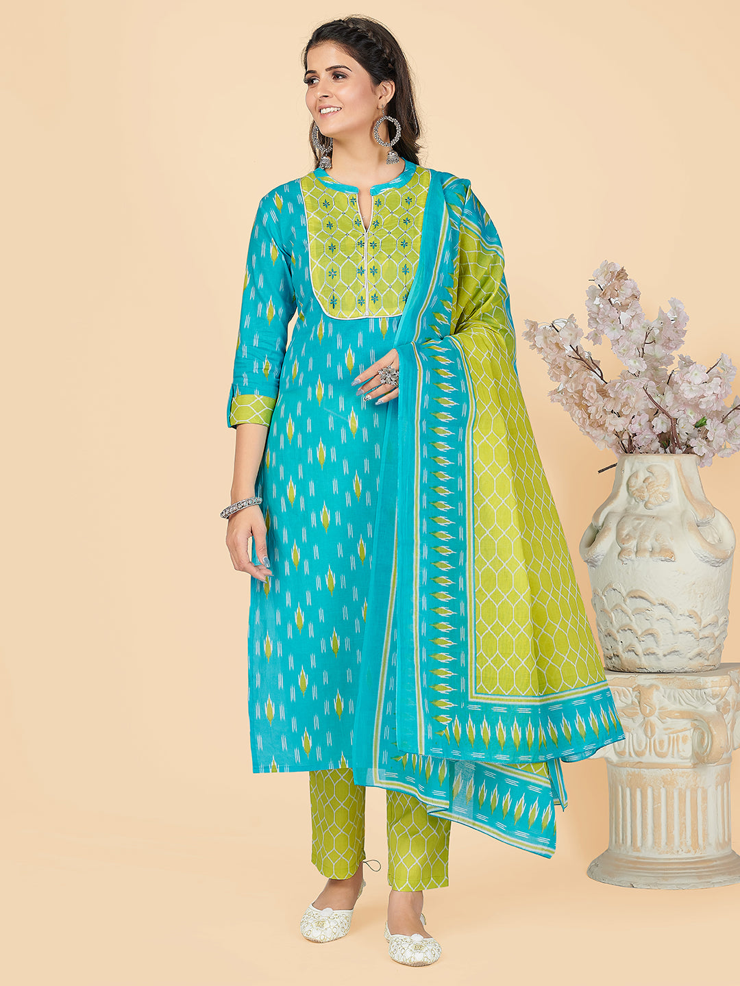 Women's Printed & Embroidered Straight Cotton Sky Blue Stitched Kurta Pant With Dupatta - Vbuyz