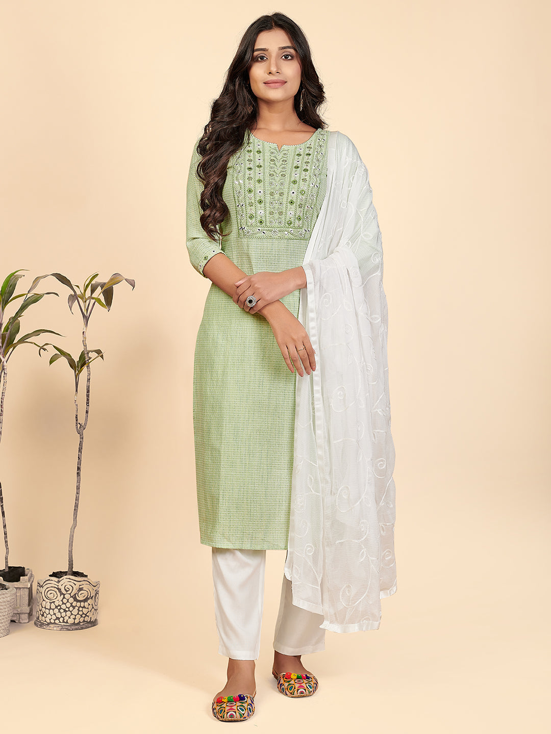 Women's Green Cotton Kurta With Pants & Dupatta By Vbuyz (3 Pc Set)