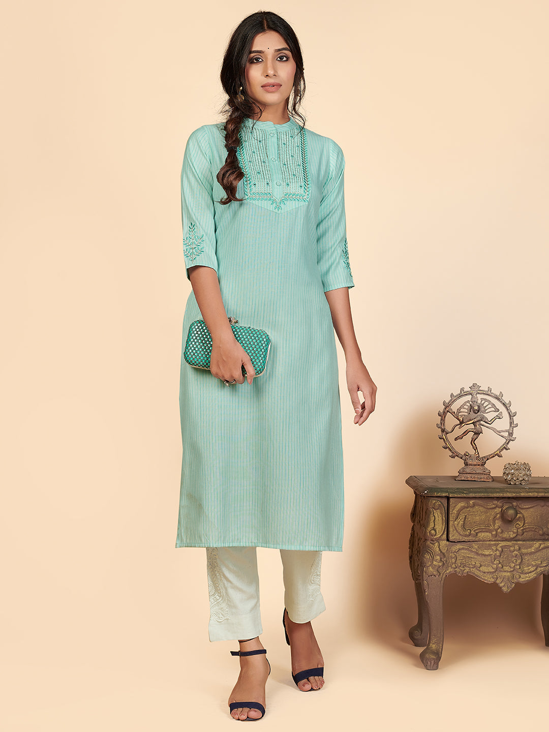 Women's Turquoise Blue Cotton Kurta By Vbuyz (1Pc)