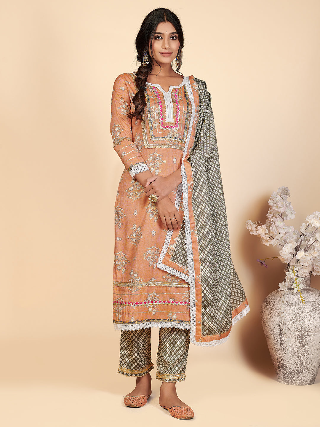 Women's Orange Printed Kurta With Pants & Dupatta Set By Vbuyz (3 Pc Set)