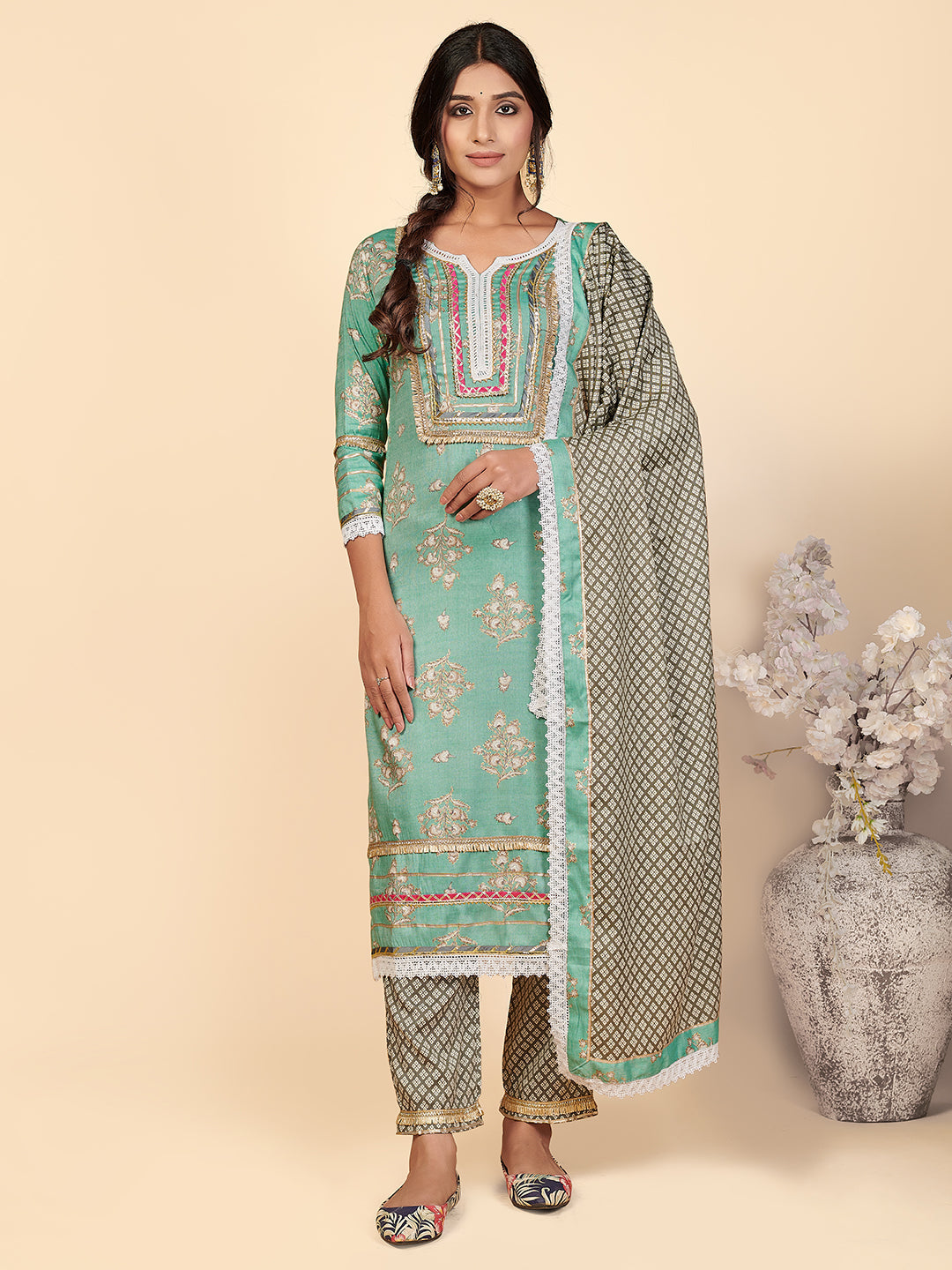 Women's Printed & Lace Work Straight Rayon Turquoise Stitched Kurta Pant With Dupatta - Vbuyz