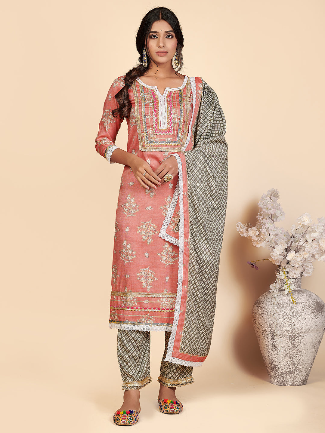 Women's Printed & Lace Work Straight Rayon Pink Stitched Kurta Pant With Dupatta - Vbuyz