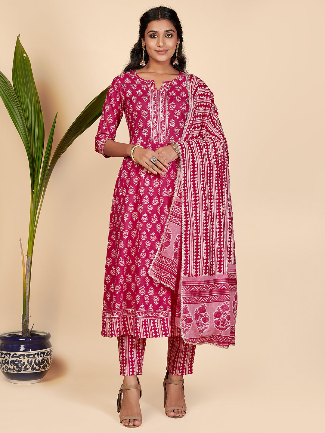 Women's Pink Printer Anarkali Kurta With Pants & Dupatta By Vbuyz (3 Pc Set)