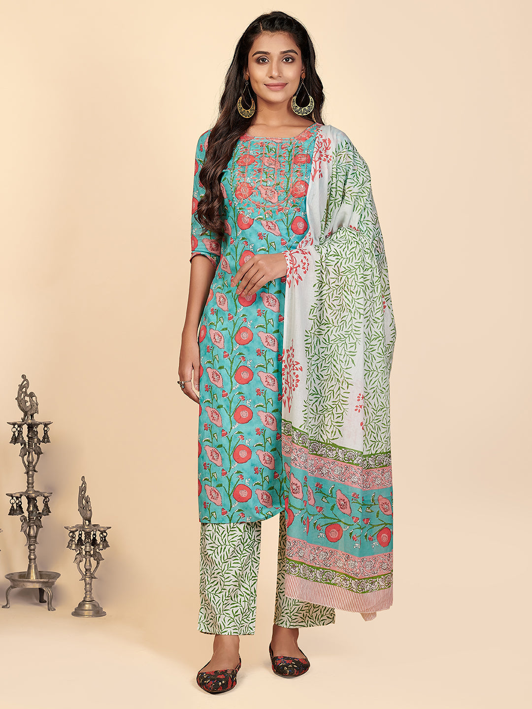 Women's Printed & Embroidered Straight Cotton Aqua Stitched Kurta Pant With Dupatta - Vbuyz