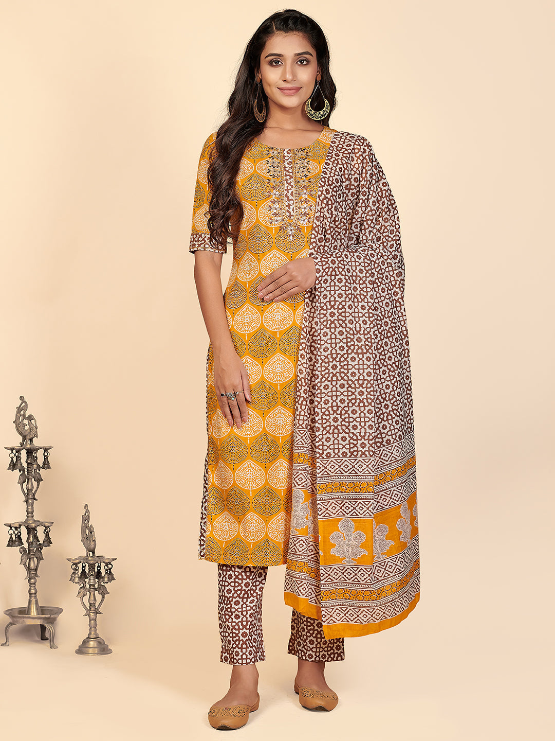 Women's Printed & Embroidered Straight Cotton Mustard Stitched Kurta Pant With Dupatta - Vbuyz