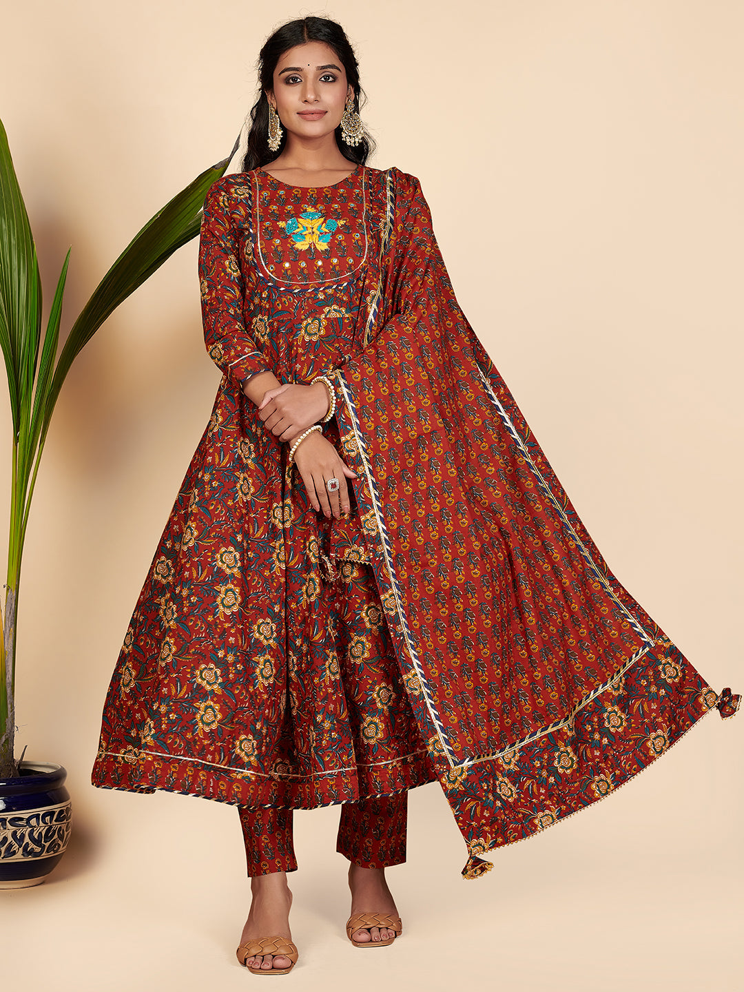 Women's Printed & Hand Work Anarkali Cotton Maroon Stitched Kurta Pant With Dupatta - Vbuyz