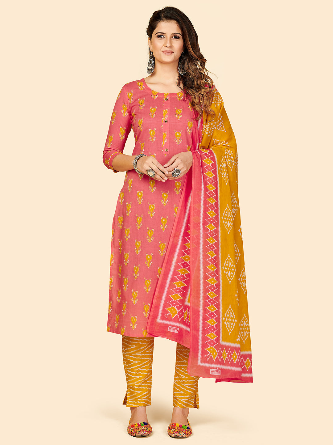 Women's Printed & Hand Work Straight Cotton Coral Stitched Kurta Pant With Dupatta - Vbuyz