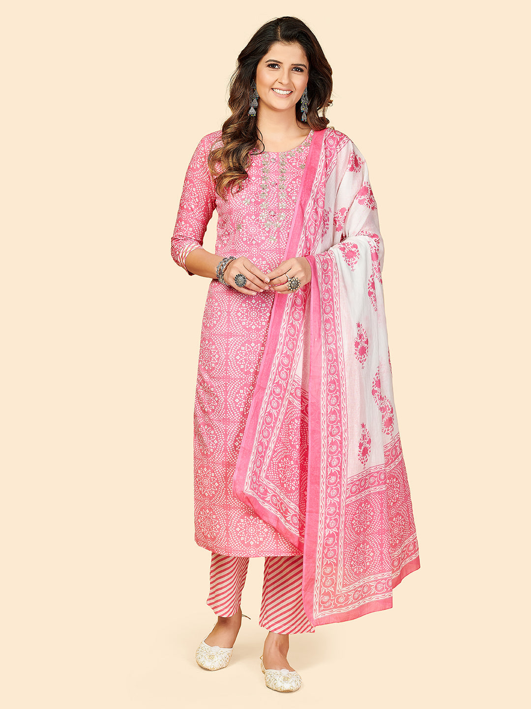 Women's Printed & Embroidered Straight Cotton Light Pink Stitched Kurta Pant With Dupatta - Vbuyz