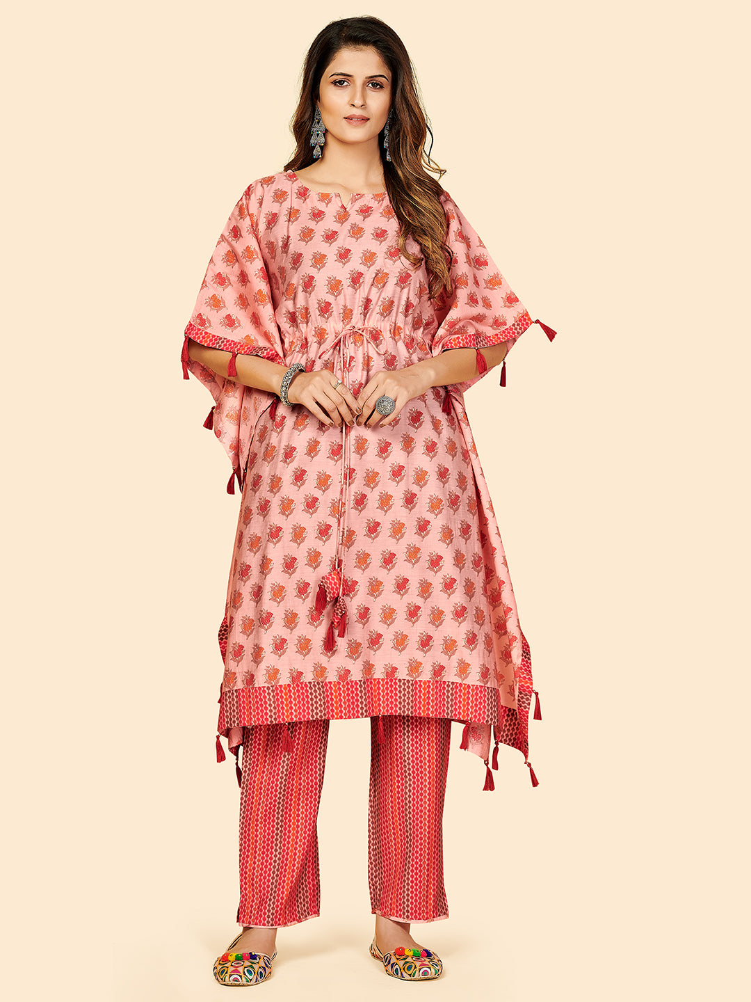 Women's Peach Kaftan Kurta With Pant By Vbuyz (2Pcs Set)