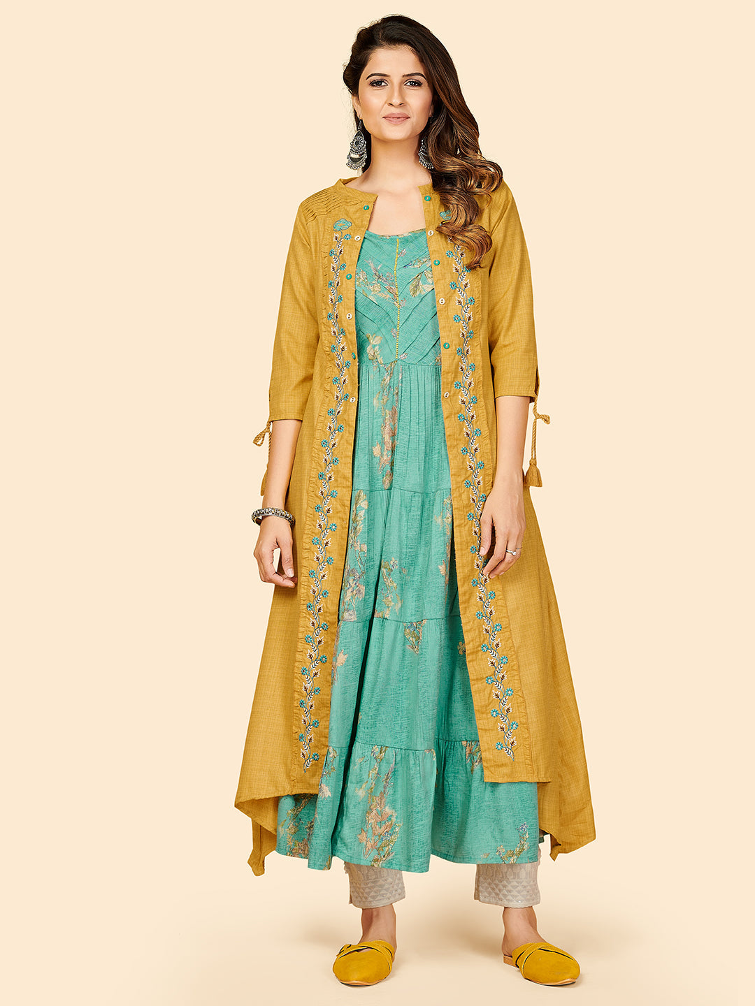 Women's Mustard Yellow Anarkali Kurta With Shrug By Vbuyz (2Pcs Set)