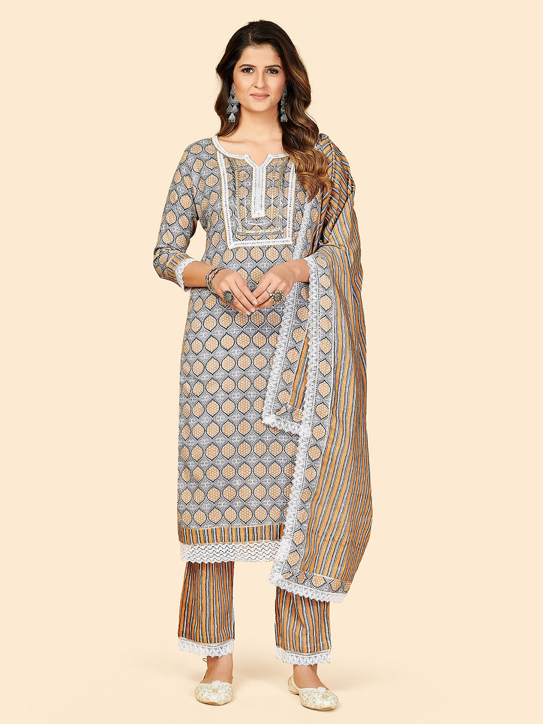 Women's Printed & Lace Work Straight Cotton Grey Stitched Kurta Pant With Dupatta - Vbuyz