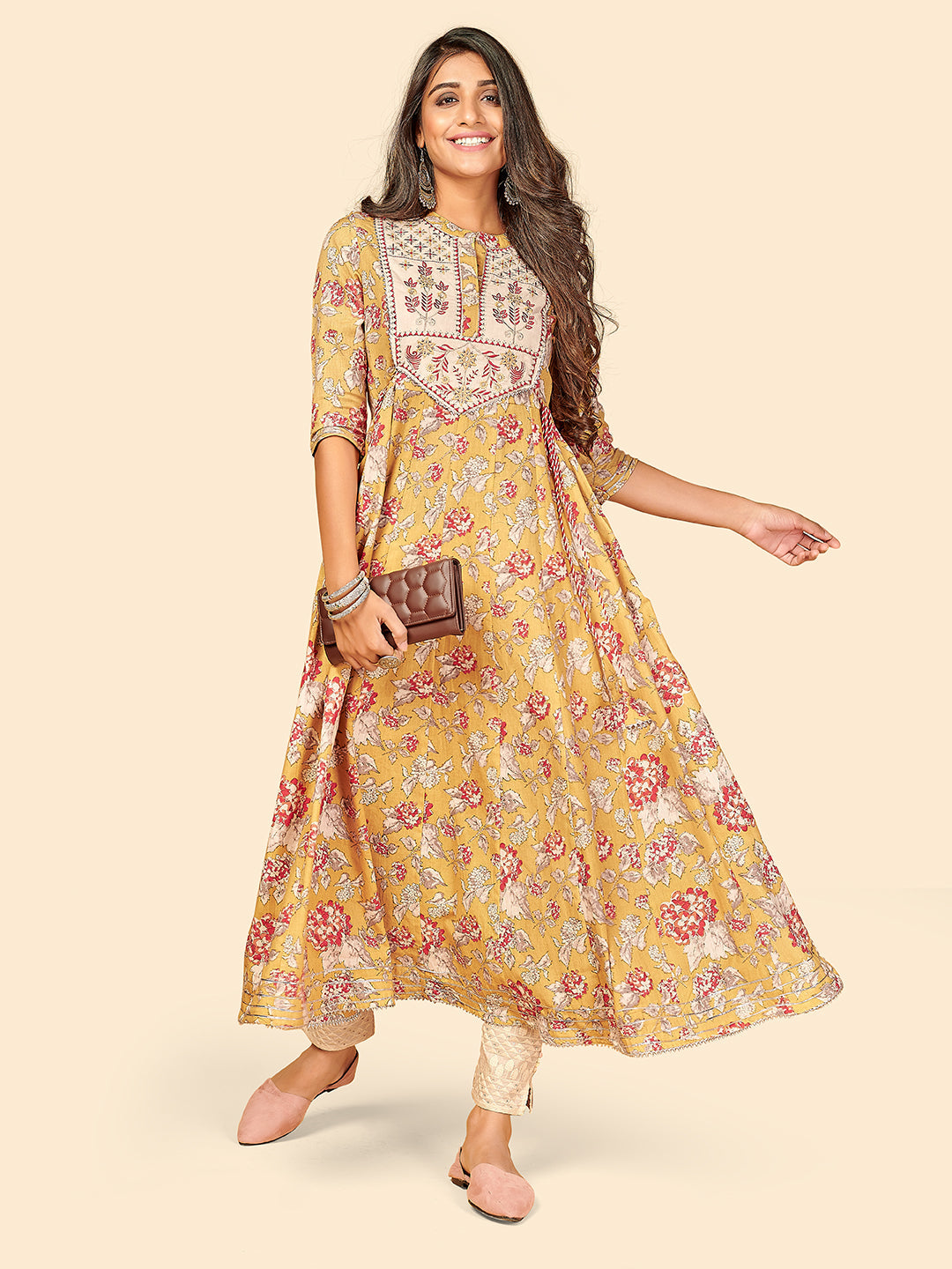 Women's Printed Yellow Cotton Anarkali Kurta By Vbuyz (1 Pc Set)