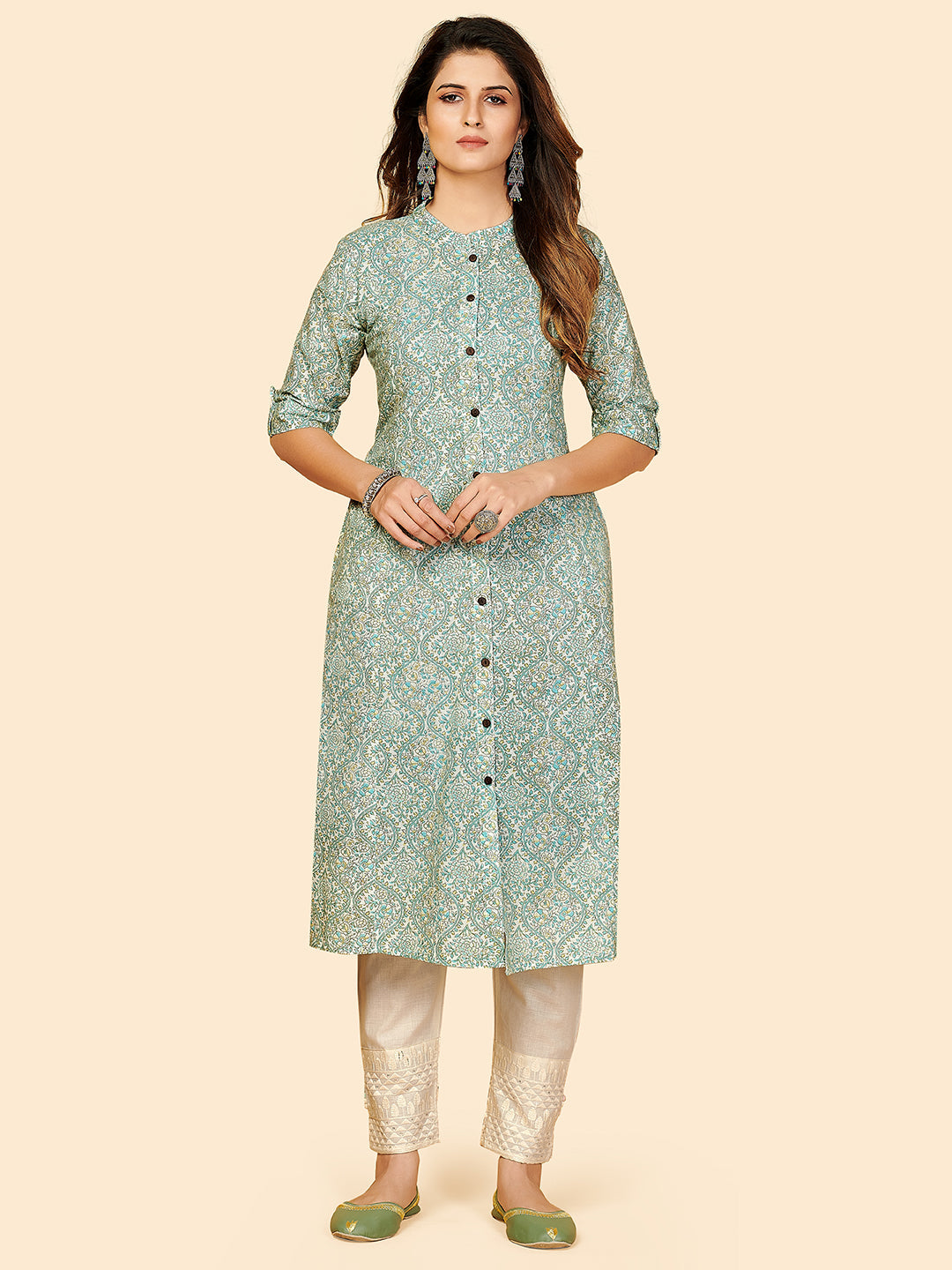 Women's Printed A-Line Cotton Sky Blue Stitched Kurta - Vbuyz