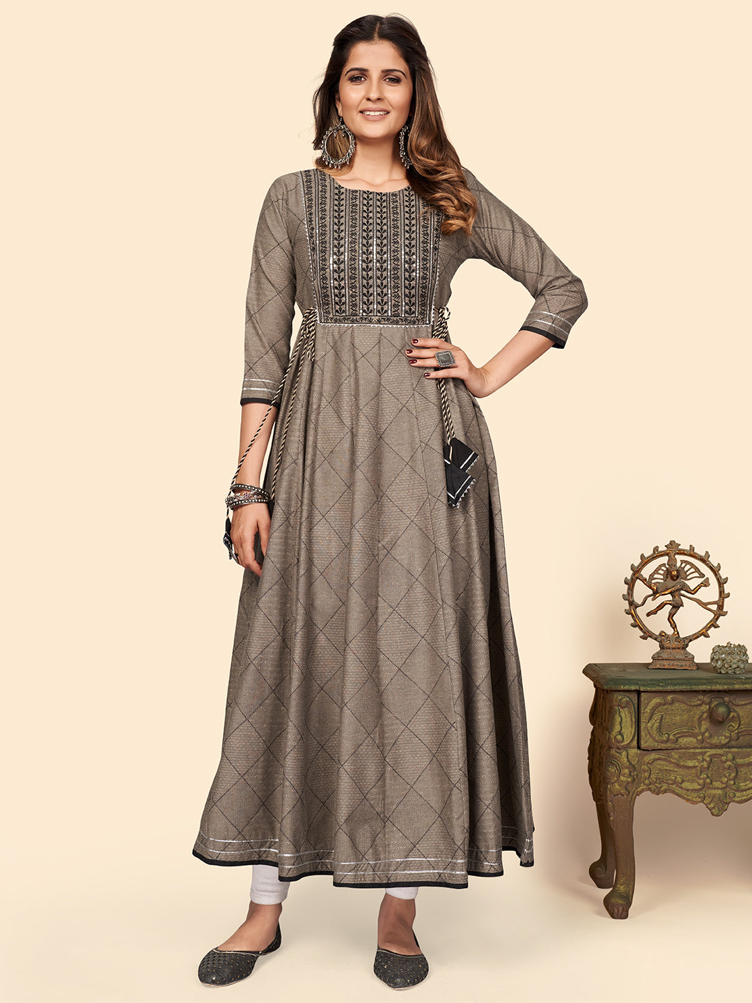 Women's Embroidered Anarkali Cotton Bland Brown Stitched Kurta - Vbuyz