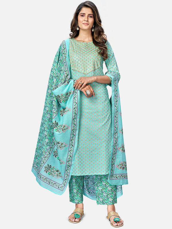 Women's Turquoise Kurta & Pant With Dupatta Set By Vbuyz- (3Pcs Set)