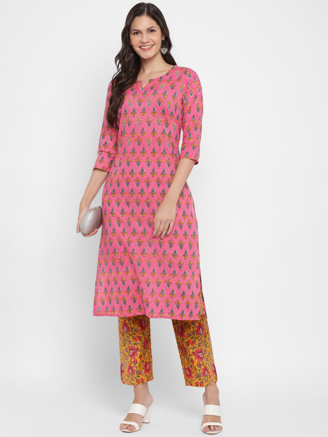 Women's Embroidered & Printed Straight Cotton Pink Kurta With Pant - Vbuyz