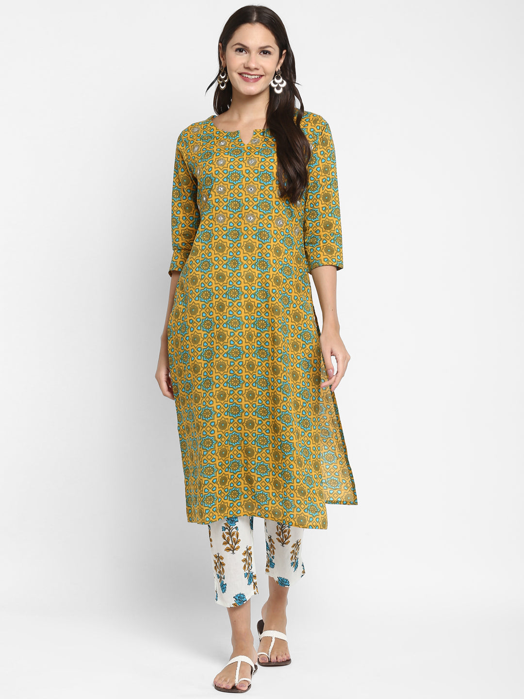 Women's Mustard Printed Kurta With Pant Set By Vbuyz- (2Pcs Set)