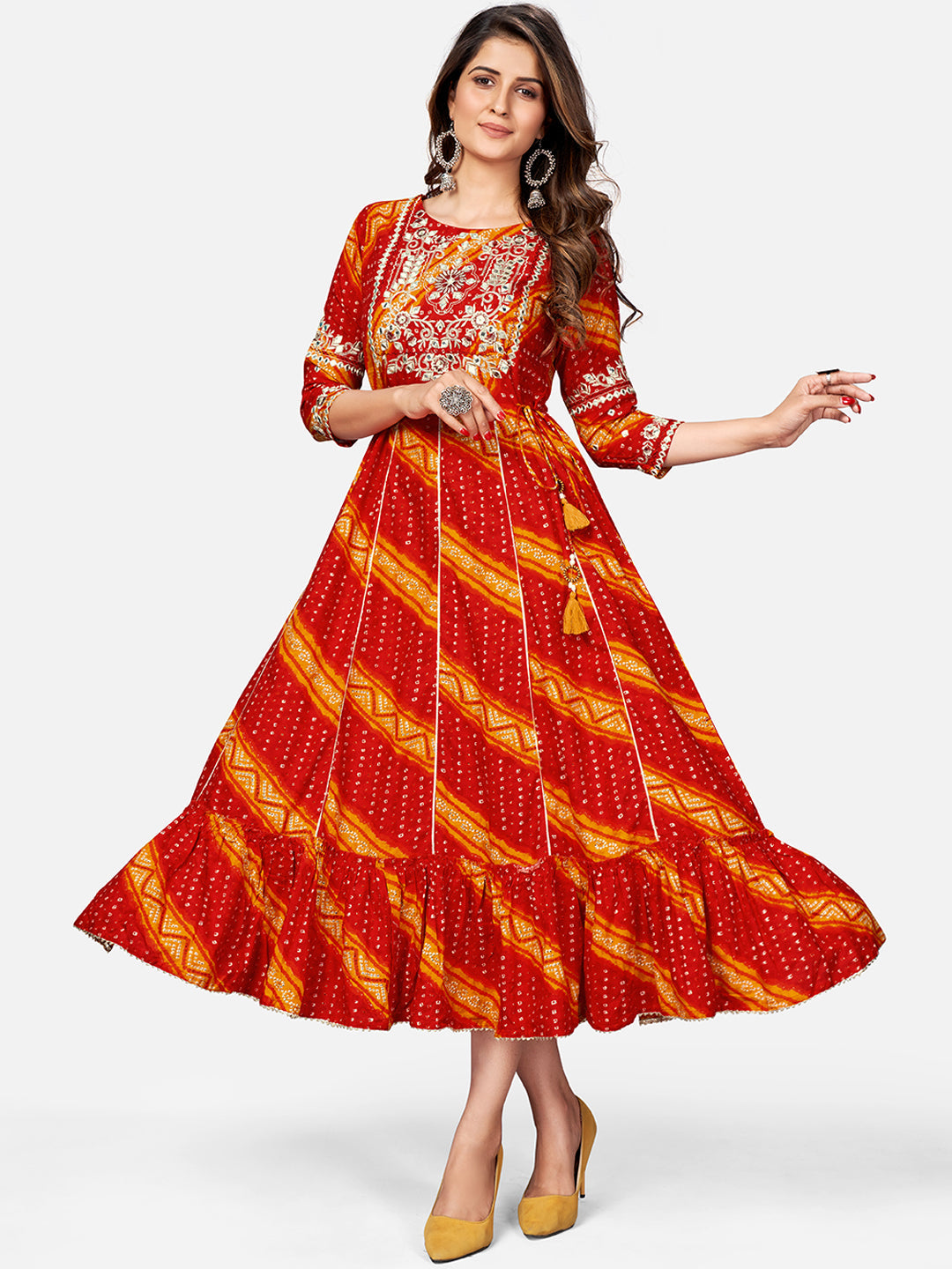 Women's Red Bandhani Anarkali Kurta By Vbuyz- (1Pc Set)